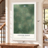 Center Point, Louisiana map, 24 x 36 inch print in a white frame by a staircase