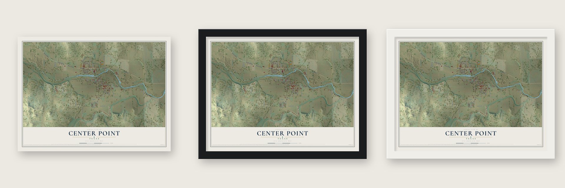 Center Point, Texas map unframed, in a black wood frame and in a white wood frame