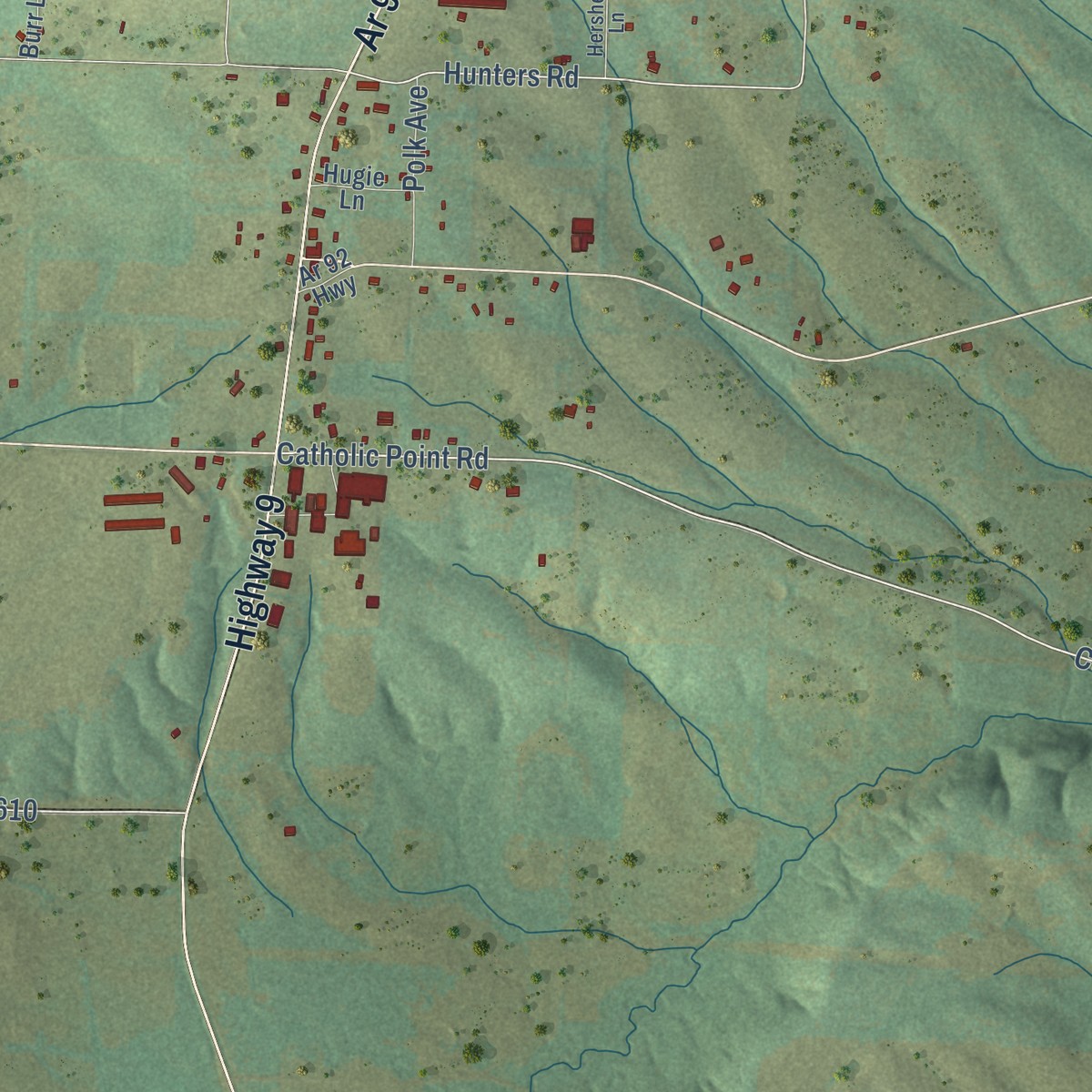 Second close-up of the map of Center Ridge, Arkansas print showing more streets and buildings