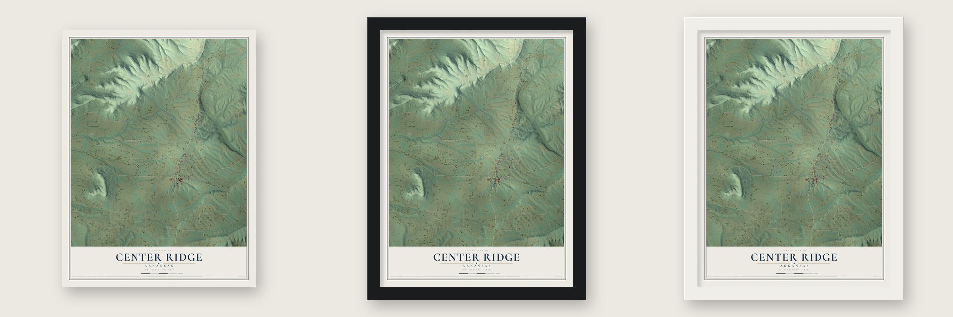 Center Ridge, Arkansas map unframed, in a black wood frame and in a white wood frame