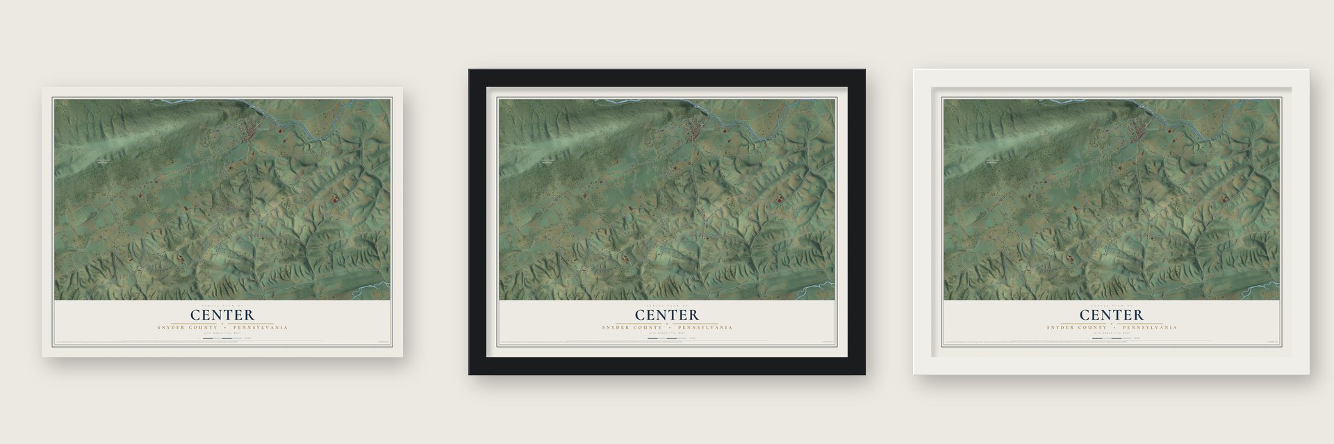 Center, Snyder County, Pennsylvania map unframed, in a black wood frame and in a white wood frame