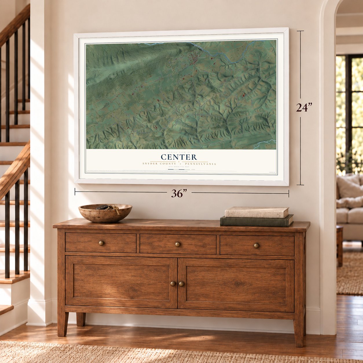 Center, Snyder County, Pennsylvania map, 24 x 36 inch print in a white frame above a dresser by a staircase