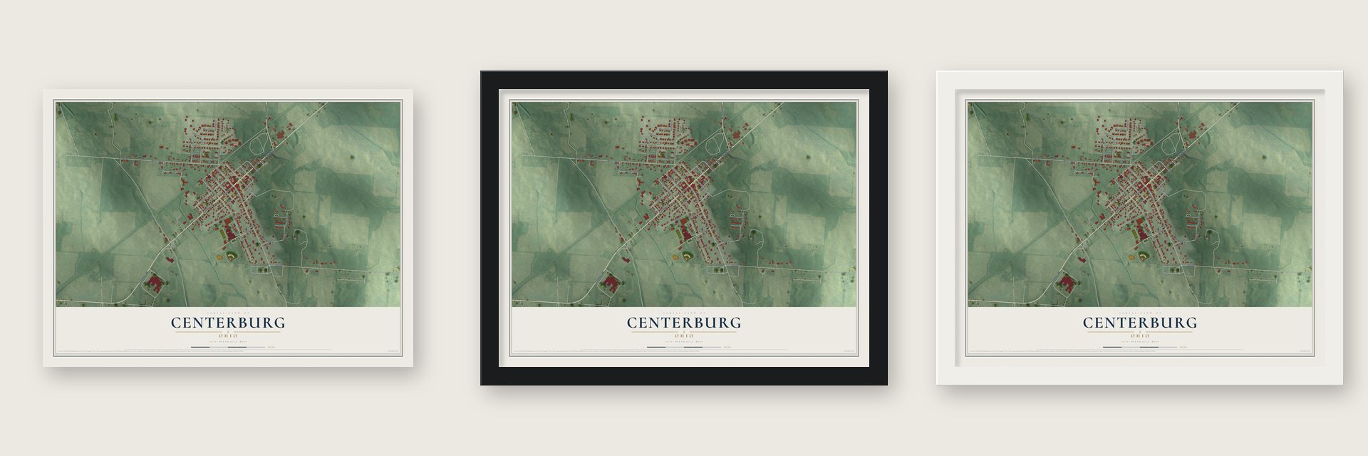 Centerburg, Ohio map unframed, in a black wood frame and in a white wood frame