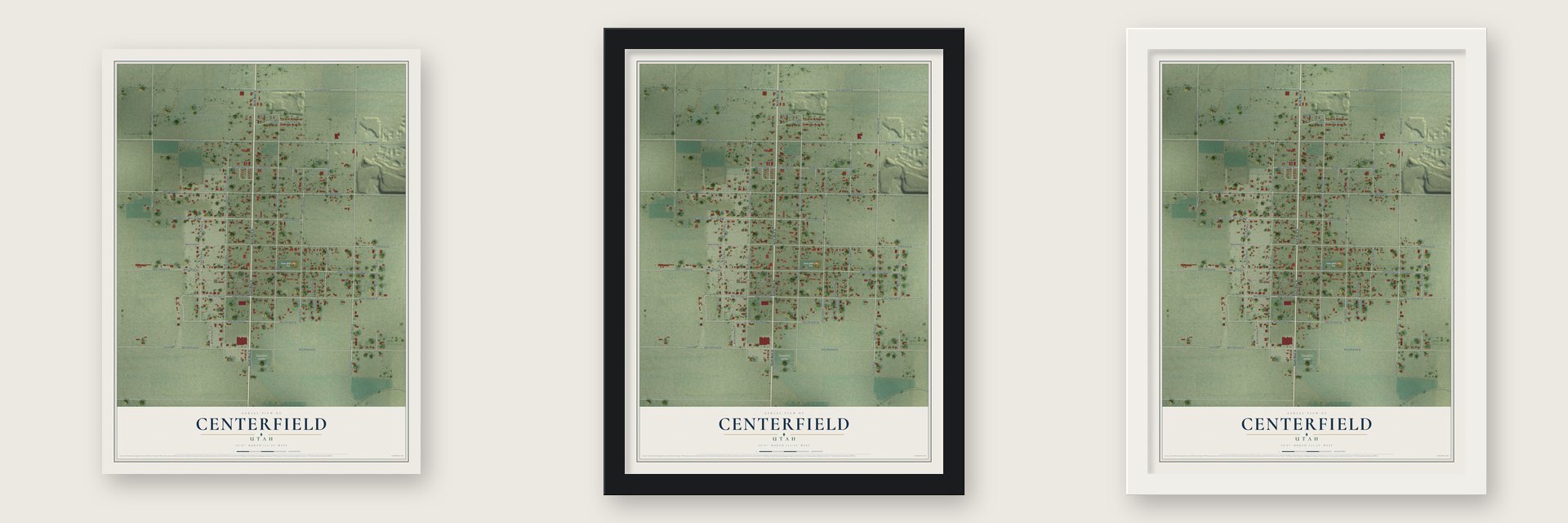 Centerfield, Utah map unframed, in a black wood frame and in a white wood frame