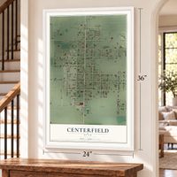 Centerfield, Utah map, 24 x 36 inch print in a white frame by a staircase