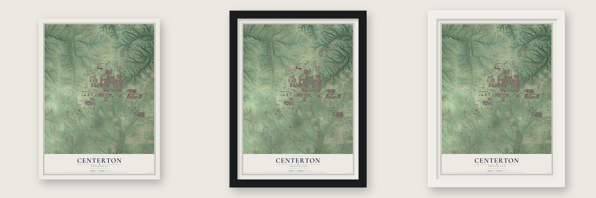 Centerton, Arkansas map unframed, in a black wood frame and in a white wood frame