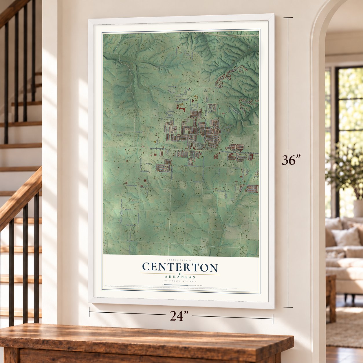 Centerton, Arkansas map, 24 x 36 inch print in a white frame by a staircase
