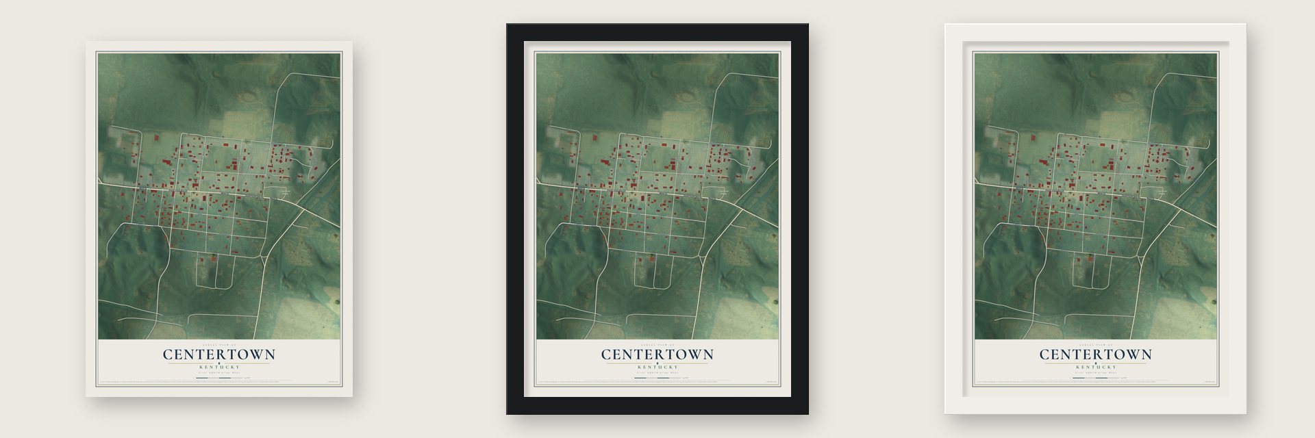 Centertown, Kentucky map unframed, in a black wood frame and in a white wood frame