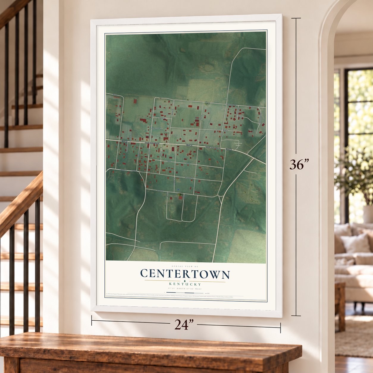 Centertown, Kentucky map, 24 x 36 inch print in a white frame by a staircase