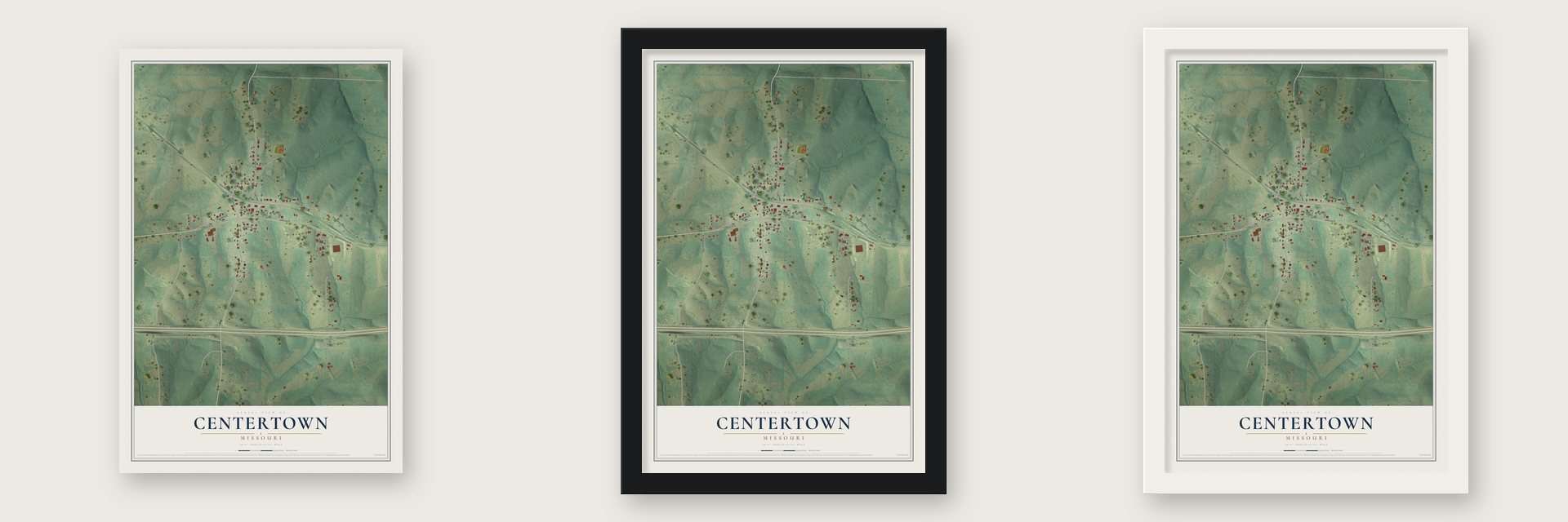 Centertown, Missouri map unframed, in a black wood frame and in a white wood frame