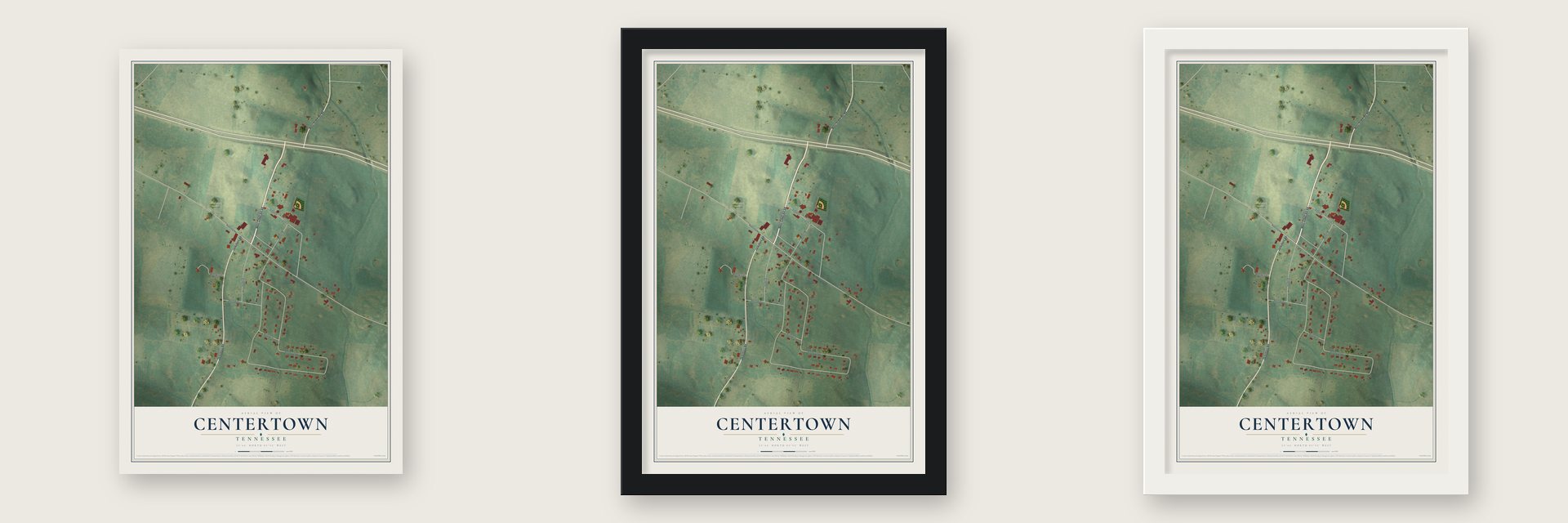 Centertown, Tennessee map unframed, in a black wood frame and in a white wood frame