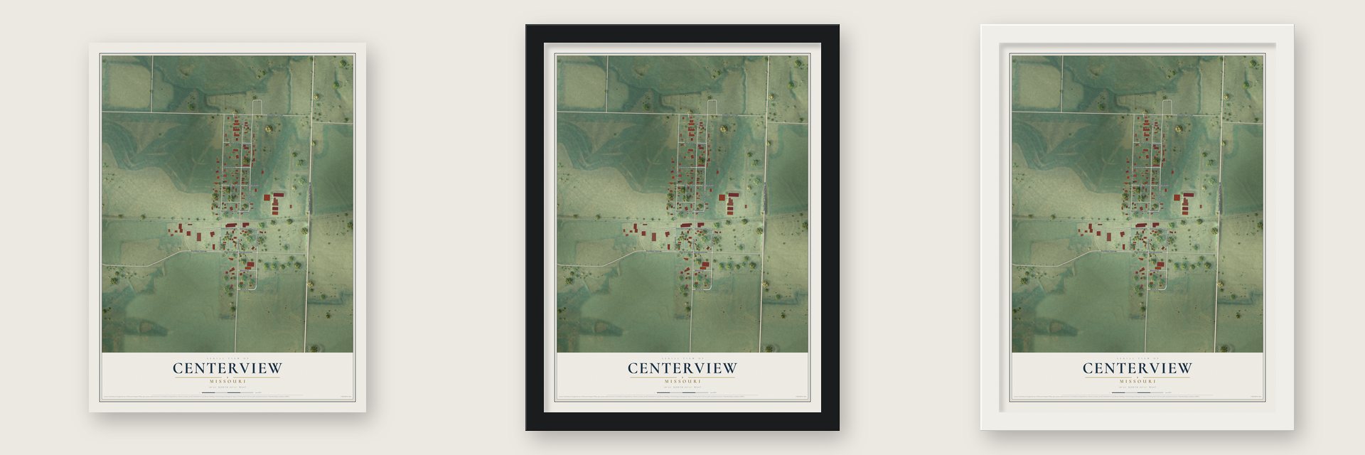 Centerview, Missouri map unframed, in a black wood frame and in a white wood frame