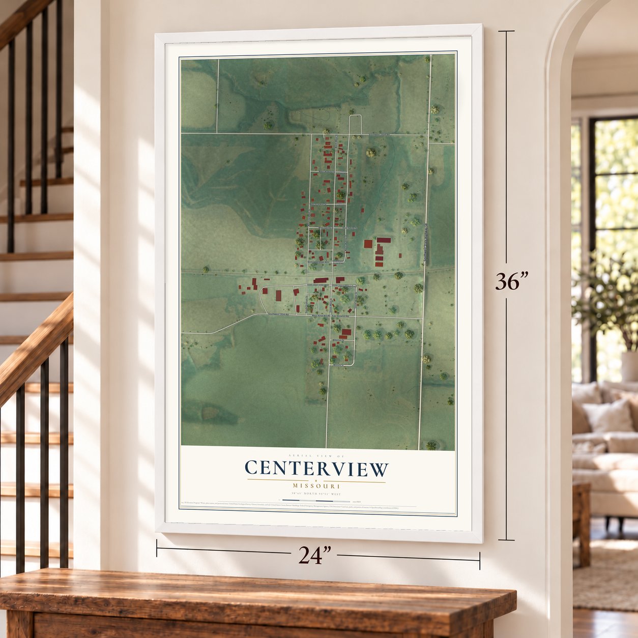Centerview, Missouri map, 24 x 36 inch print in a white frame by a staircase