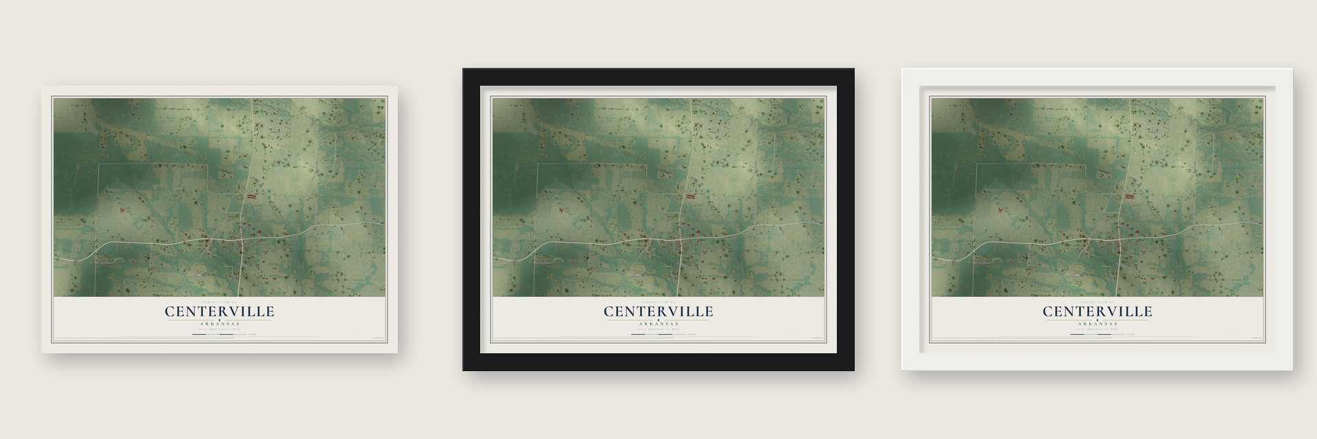 Centerville, Arkansas map unframed, in a black wood frame and in a white wood frame