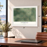 Centerville, Arkansas map, 18 x 24 inch print in a white frame in a home office