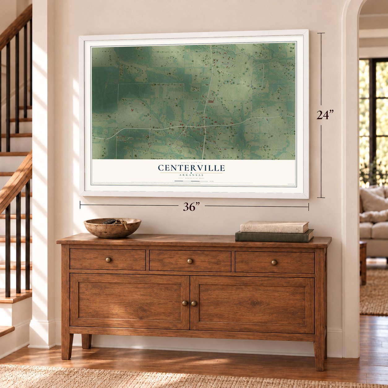 Centerville, Arkansas map, 24 x 36 inch print in a white frame above a dresser by a staircase