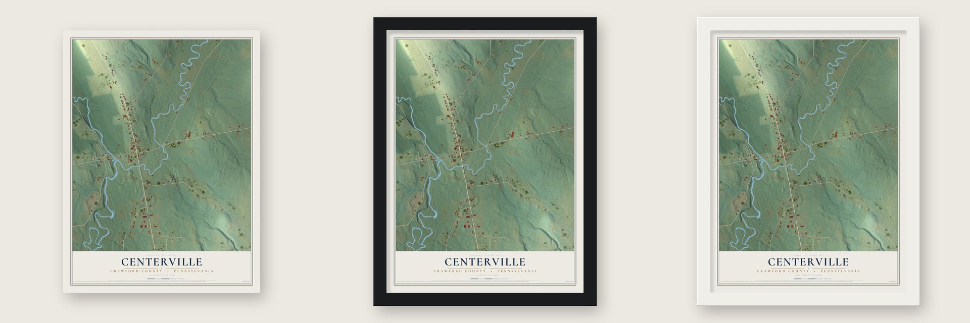 Centerville, Crawford County, Pennsylvania map unframed, in a black wood frame and in a white wood frame