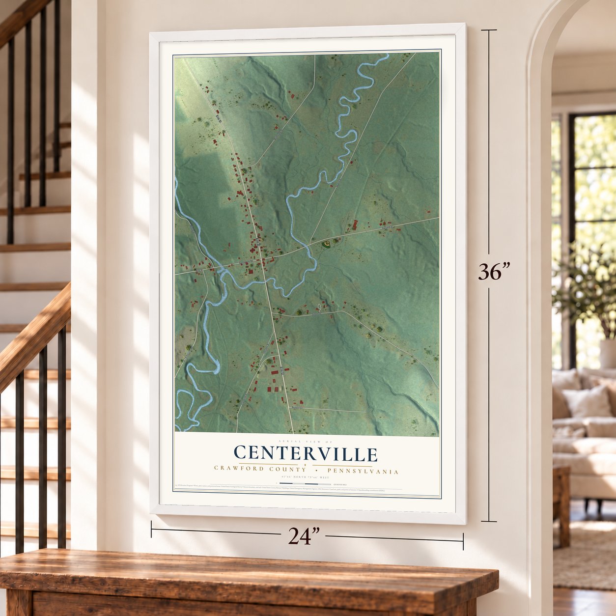 Centerville, Crawford County, Pennsylvania map, 24 x 36 inch print in a white frame by a staircase