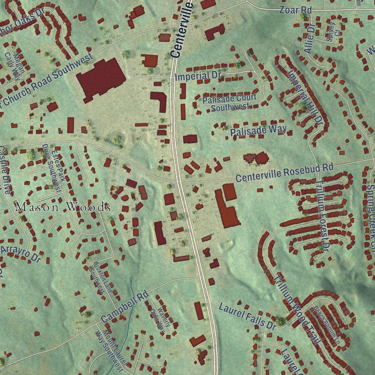 Second close-up of the map of Centerville, Gwinnett County, Georgia print showing more streets and buildings