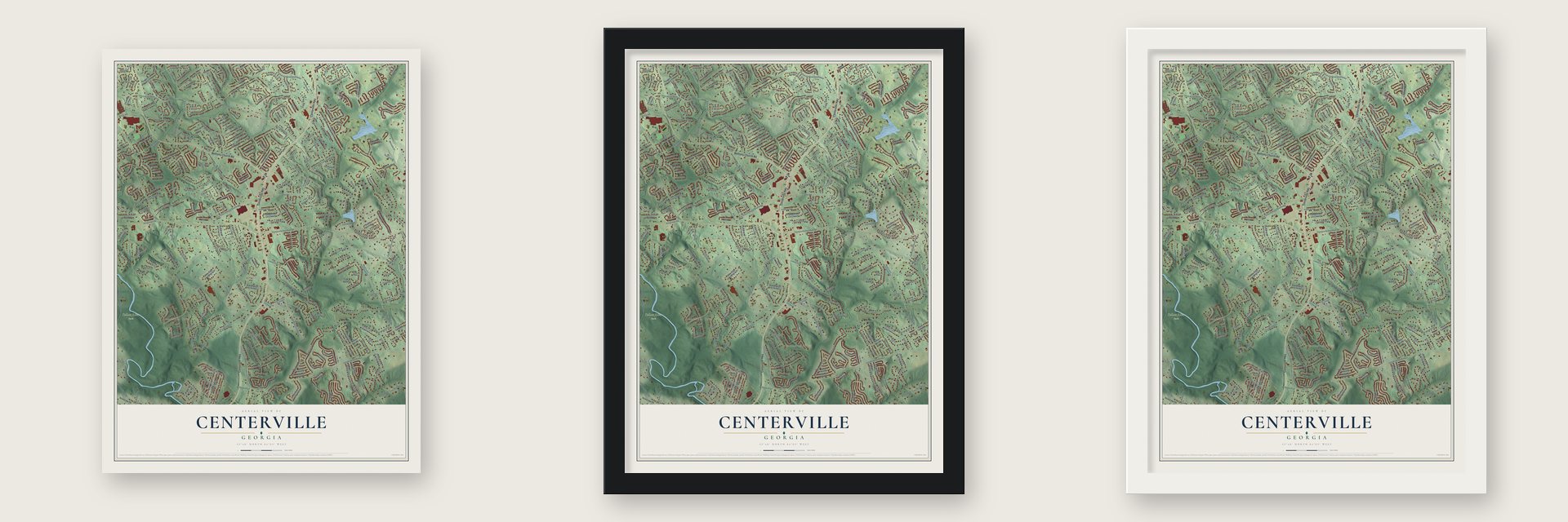 Centerville, Gwinnett County, Georgia map unframed, in a black wood frame and in a white wood frame