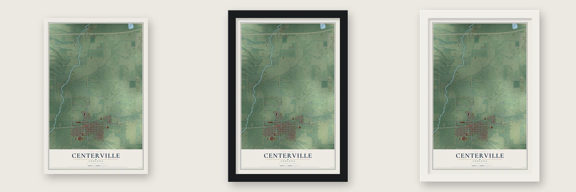 Centerville, Indiana map unframed, in a black wood frame and in a white wood frame