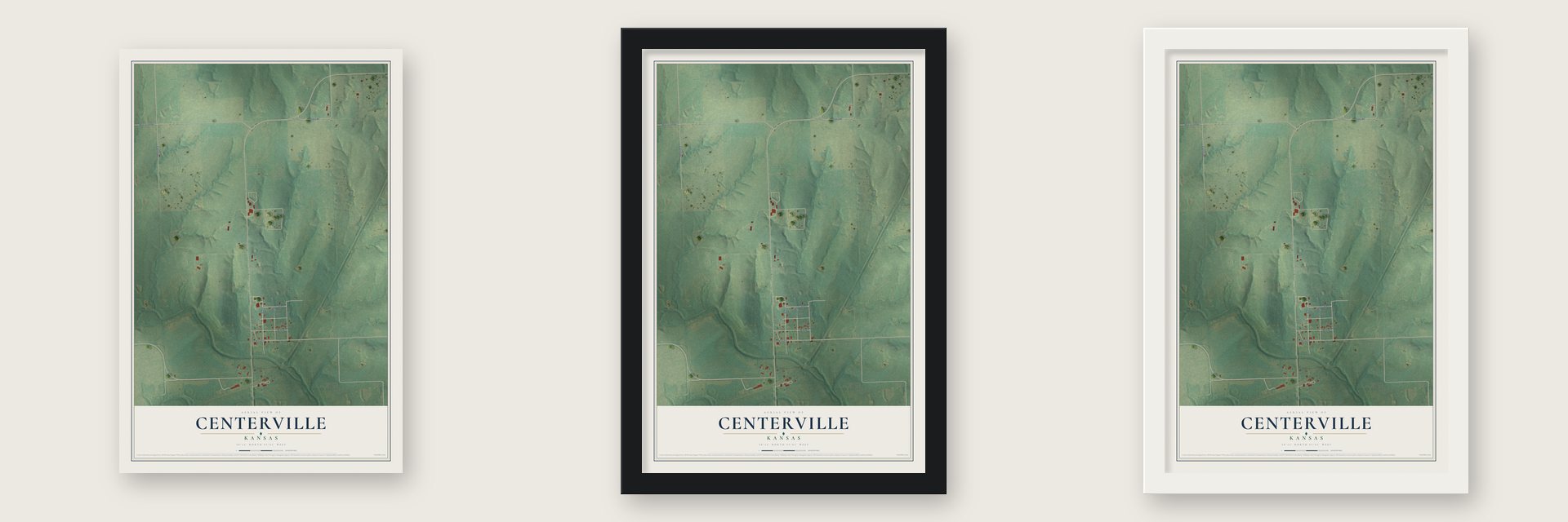 Centerville, Kansas map unframed, in a black wood frame and in a white wood frame