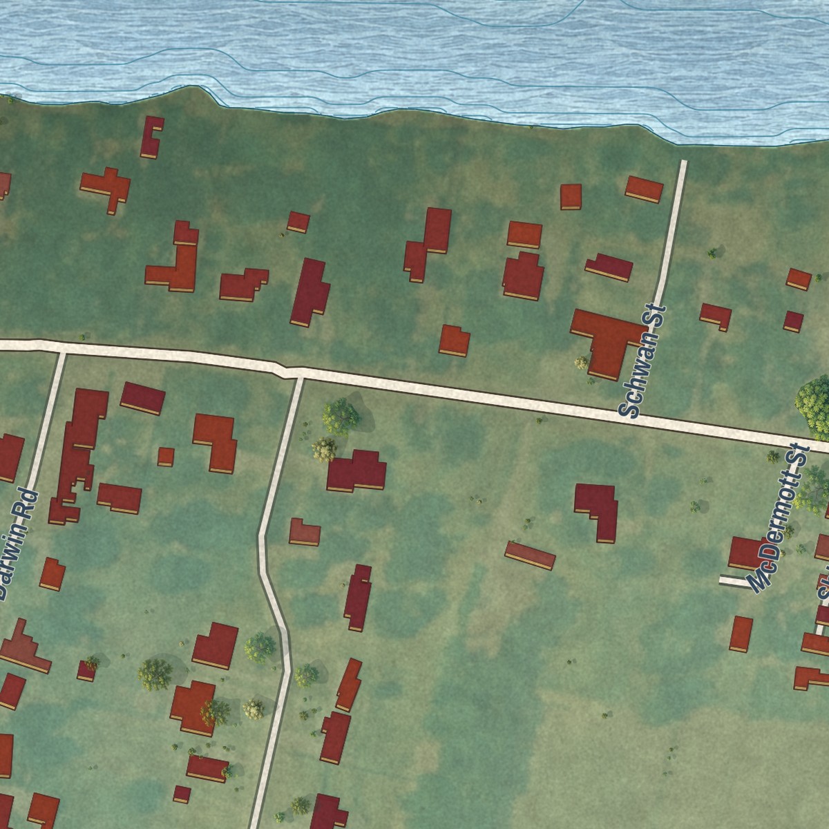 Second close-up of the map of Centerville, Louisiana print showing more streets and buildings