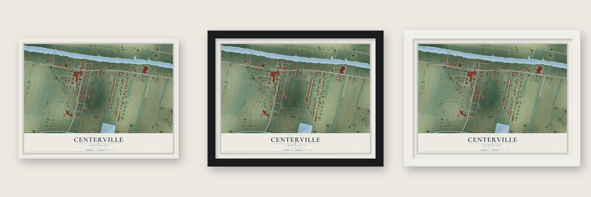 Centerville, Louisiana map unframed, in a black wood frame and in a white wood frame