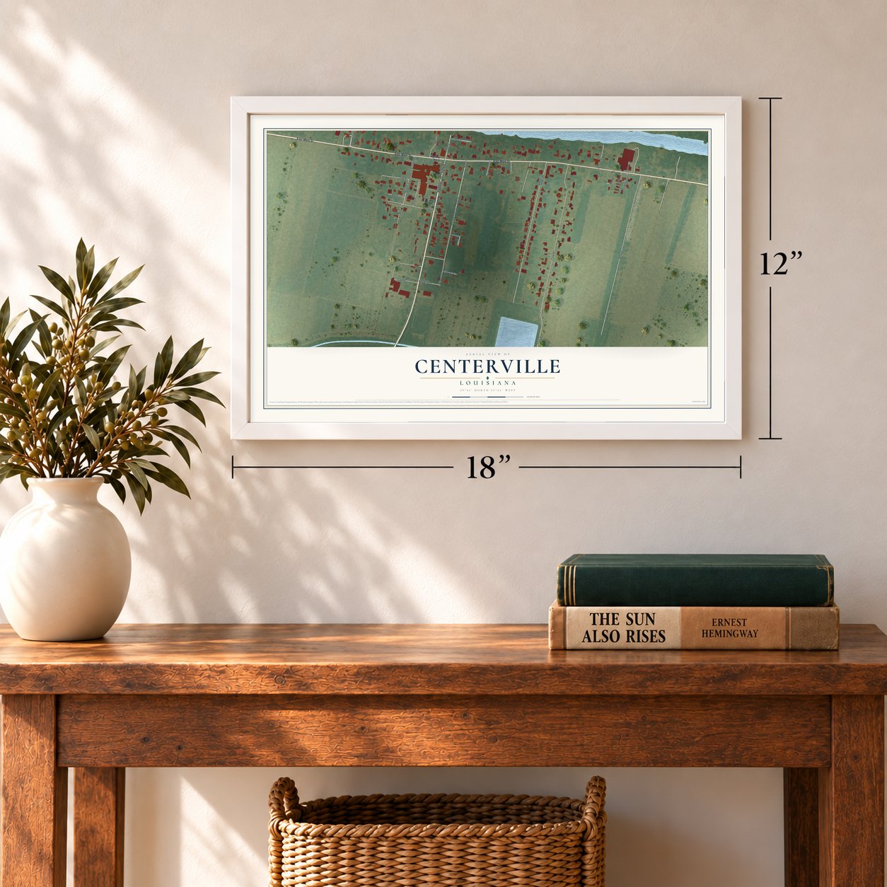 Centerville, Louisiana map, 12 x 18 inch print in a white frame in an entryway
