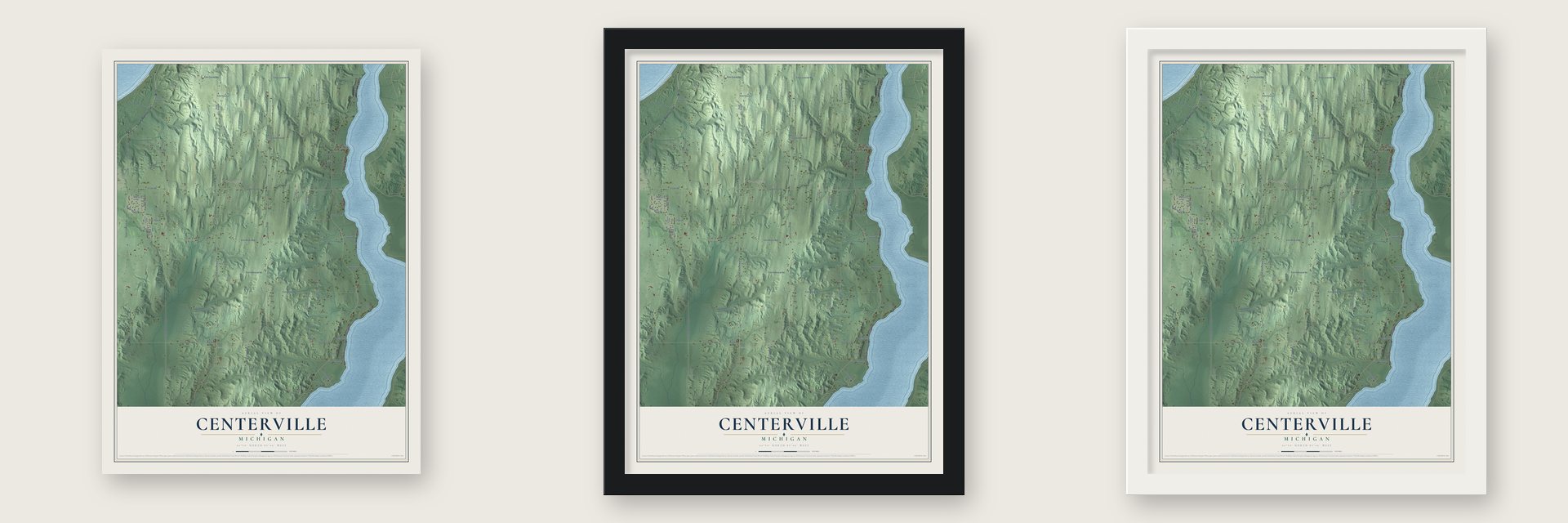 Centerville, Michigan map unframed, in a black wood frame and in a white wood frame