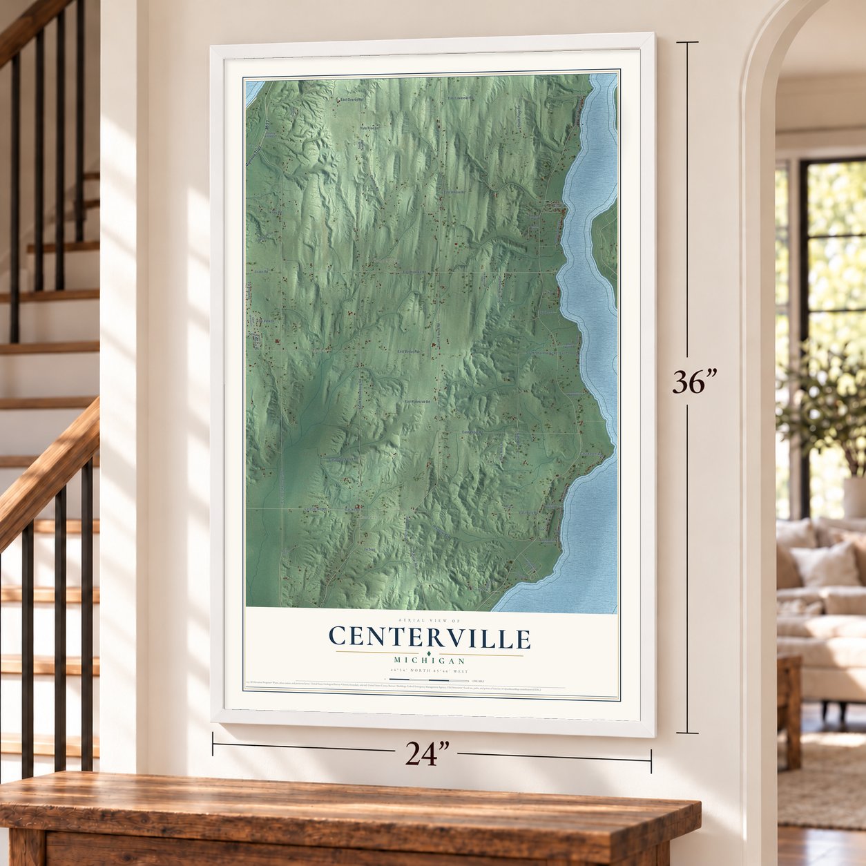 Centerville, Michigan map, 24 x 36 inch print in a white frame by a staircase