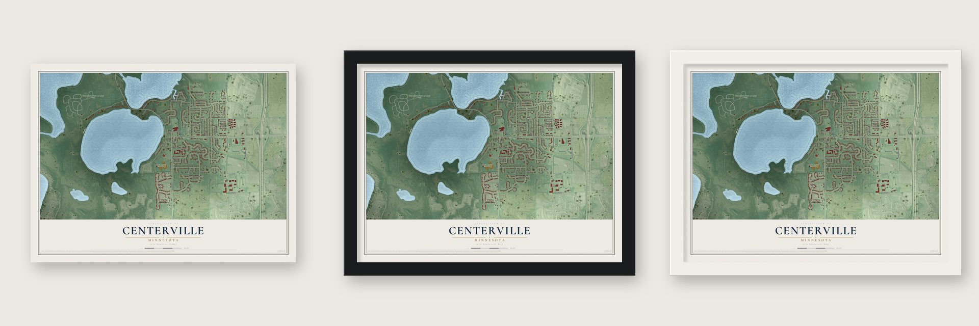 Centerville, Minnesota map unframed, in a black wood frame and in a white wood frame