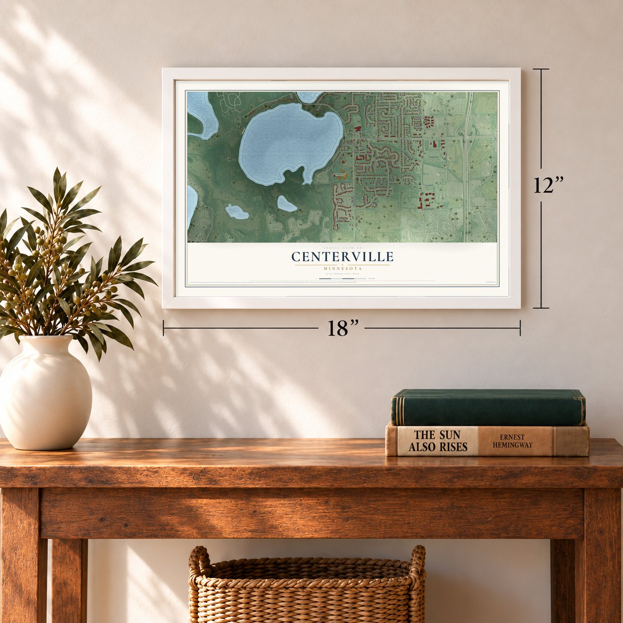 Centerville, Minnesota map, 12 x 18 inch print in a white frame in an entryway