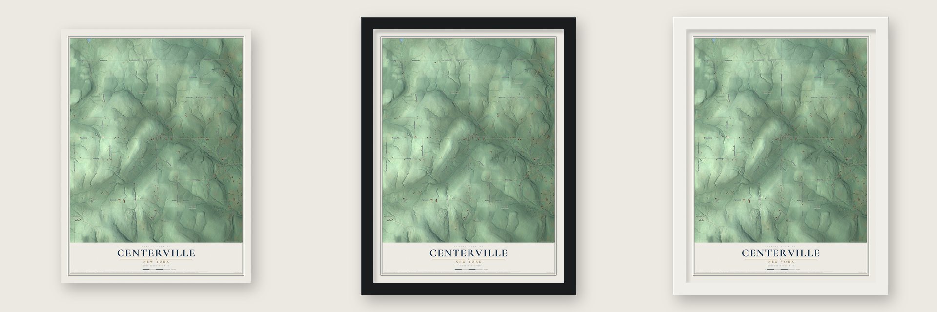 Centerville, New York map unframed, in a black wood frame and in a white wood frame