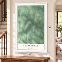 Centerville, New York map, 24 x 36 inch print in a white frame by a staircase