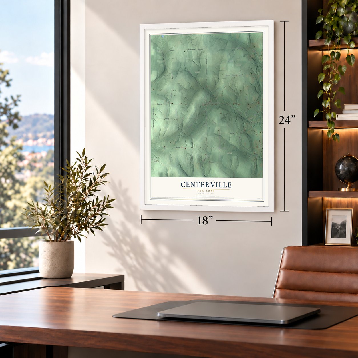 Centerville, New York map, 18 x 24 inch print in a white frame in a home office
