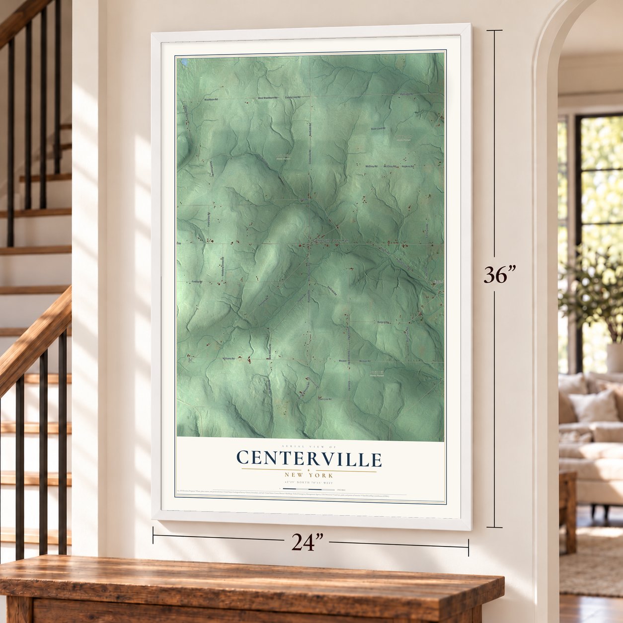 Centerville, New York map, 24 x 36 inch print in a white frame by a staircase