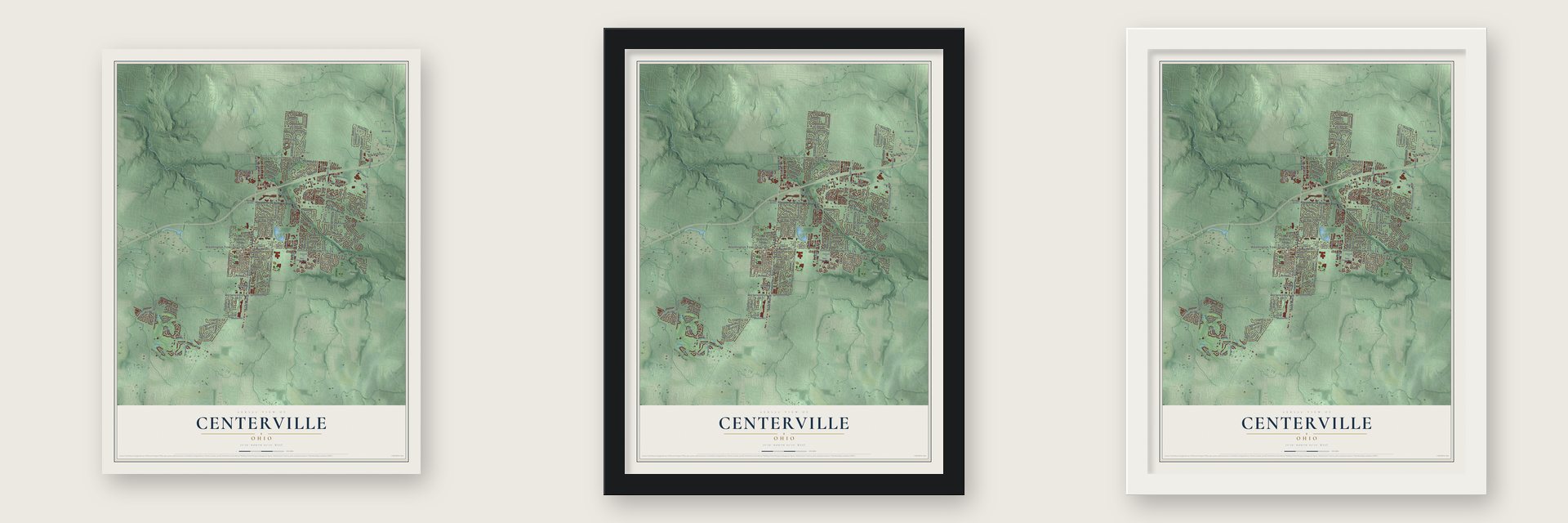 Centerville, Ohio map unframed, in a black wood frame and in a white wood frame