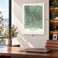 Centerville, Ohio map, 18 x 24 inch print in a white frame in a home office
