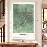 Centerville, Ohio map, 24 x 36 inch print in a white frame by a staircase
