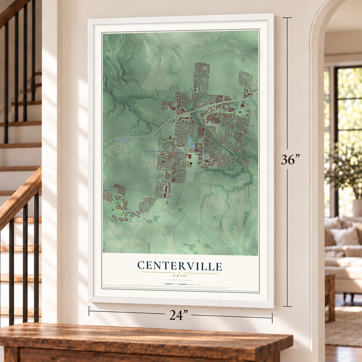 Centerville, Ohio map, 24 x 36 inch print in a white frame by a staircase