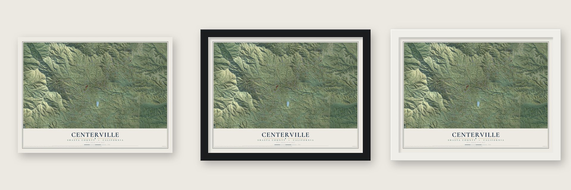 Centerville, Shasta County, California map unframed, in a black wood frame and in a white wood frame
