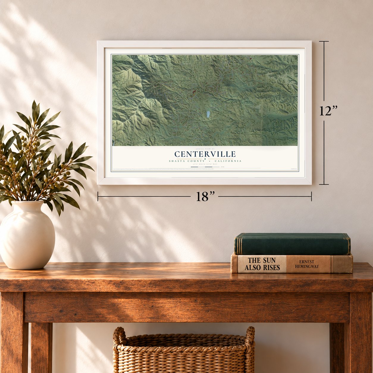 Centerville, Shasta County, California map, 12 x 18 inch print in a white frame in an entryway