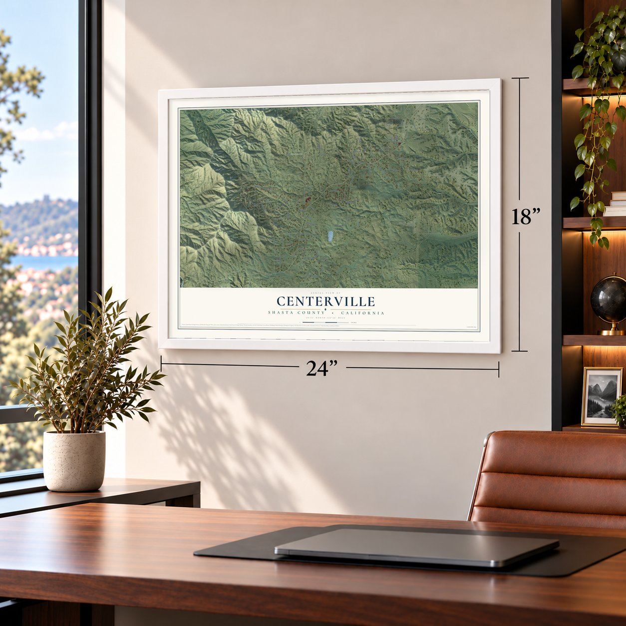 Centerville, Shasta County, California map, 18 x 24 inch print in a white frame in a home office