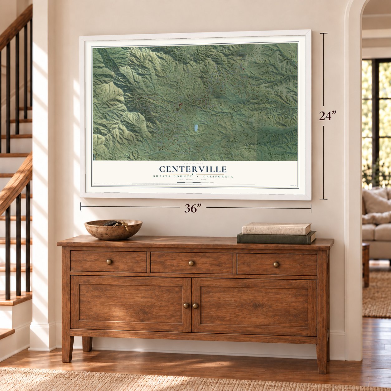 Centerville, Shasta County, California map, 24 x 36 inch print in a white frame above a dresser by a staircase
