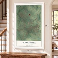Centerville, South Carolina map, 24 x 36 inch print in a white frame by a staircase