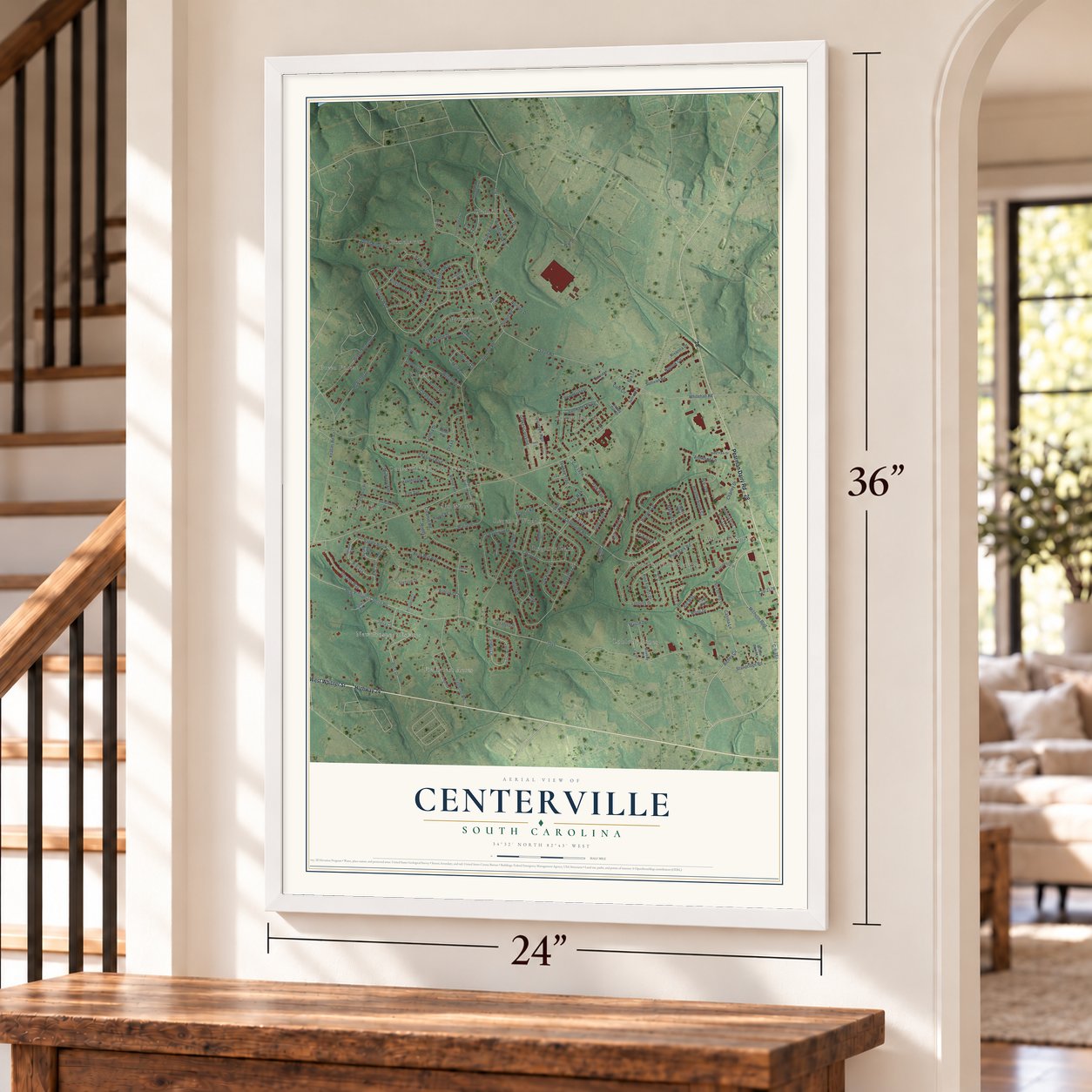 Centerville, South Carolina map, 24 x 36 inch print in a white frame by a staircase