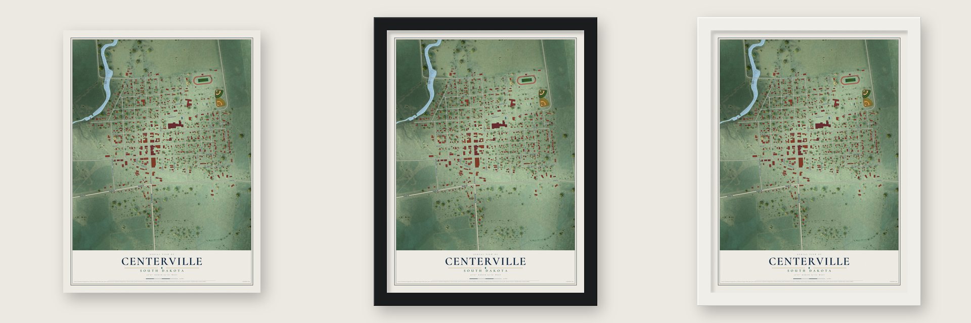 Centerville, South Dakota map unframed, in a black wood frame and in a white wood frame