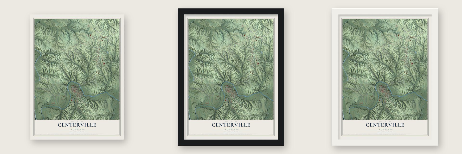 Centerville, Tennessee map unframed, in a black wood frame and in a white wood frame