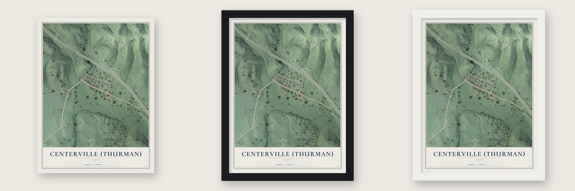 Centerville (Thurman), Ohio map unframed, in a black wood frame and in a white wood frame